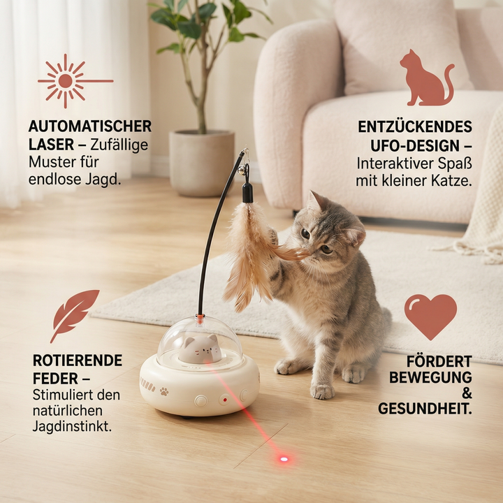 Katze spielt begeistert mit dem interaktiven UFO Laser Spielzeug, das ihren Jagdinstinkt anregt.