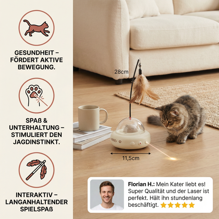 Modernes UFO Laser Spielzeug für Katzen, regt interaktiv zum Spielen an. Ideal für aktive Katzen.