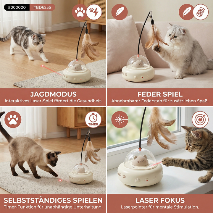 Katzenspielzeug UFO Laser fördert Bewegung & mentalen Jagdinstinkt. Interaktiver Spaß für jede Katze.