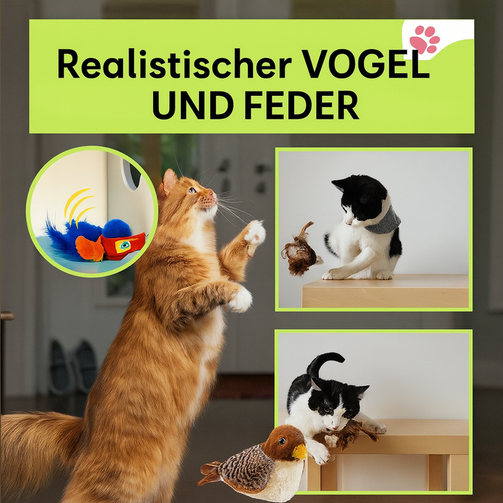 Katze spielt begeistert mit interaktivem Vogel-Katzenspielzeug. Realistische bionische Geräusche und Federn.