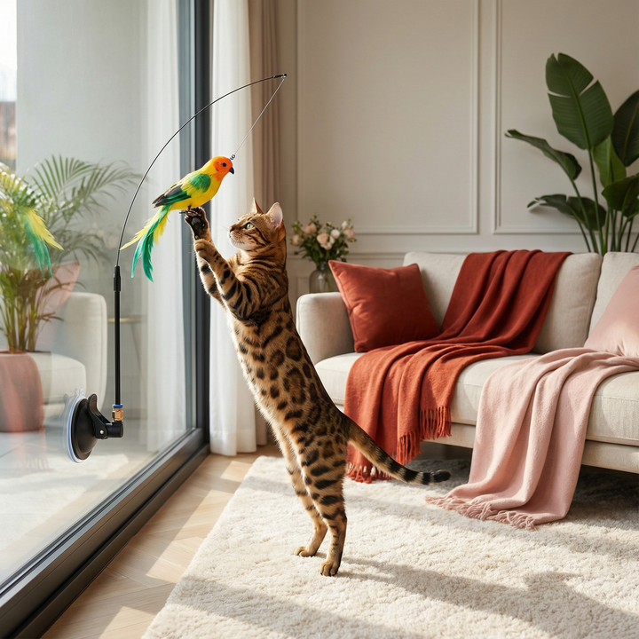 Interaktives Vogel-Katzenspielzeug mit Feder für natürlichen Jagdinstinkt; perfektes Spielzeug für aktive Katzen.