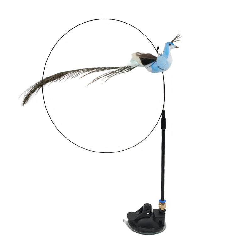 Nahaufnahme des interaktiven Vogel-Katzenspielzeugs mit farbigen Federn, ideal für den Jagdinstinkt.