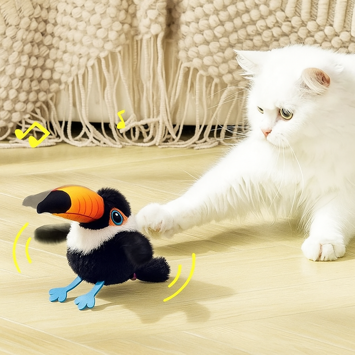 Interaktives Vogel Katzenspielzeug mit flatternden Flügeln & Zwitschergeräuschen für aktive Katzen.