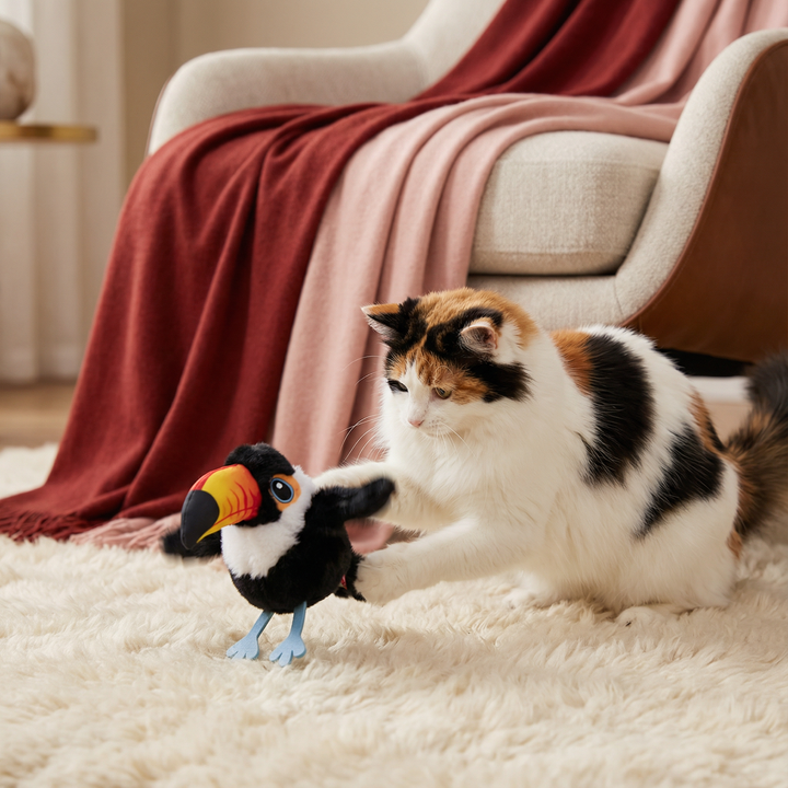 Interaktives Vogel Katzenspielzeug mit realistischem Zwitscher-Sound für den Jagdinstinkt deines Stubentigers.