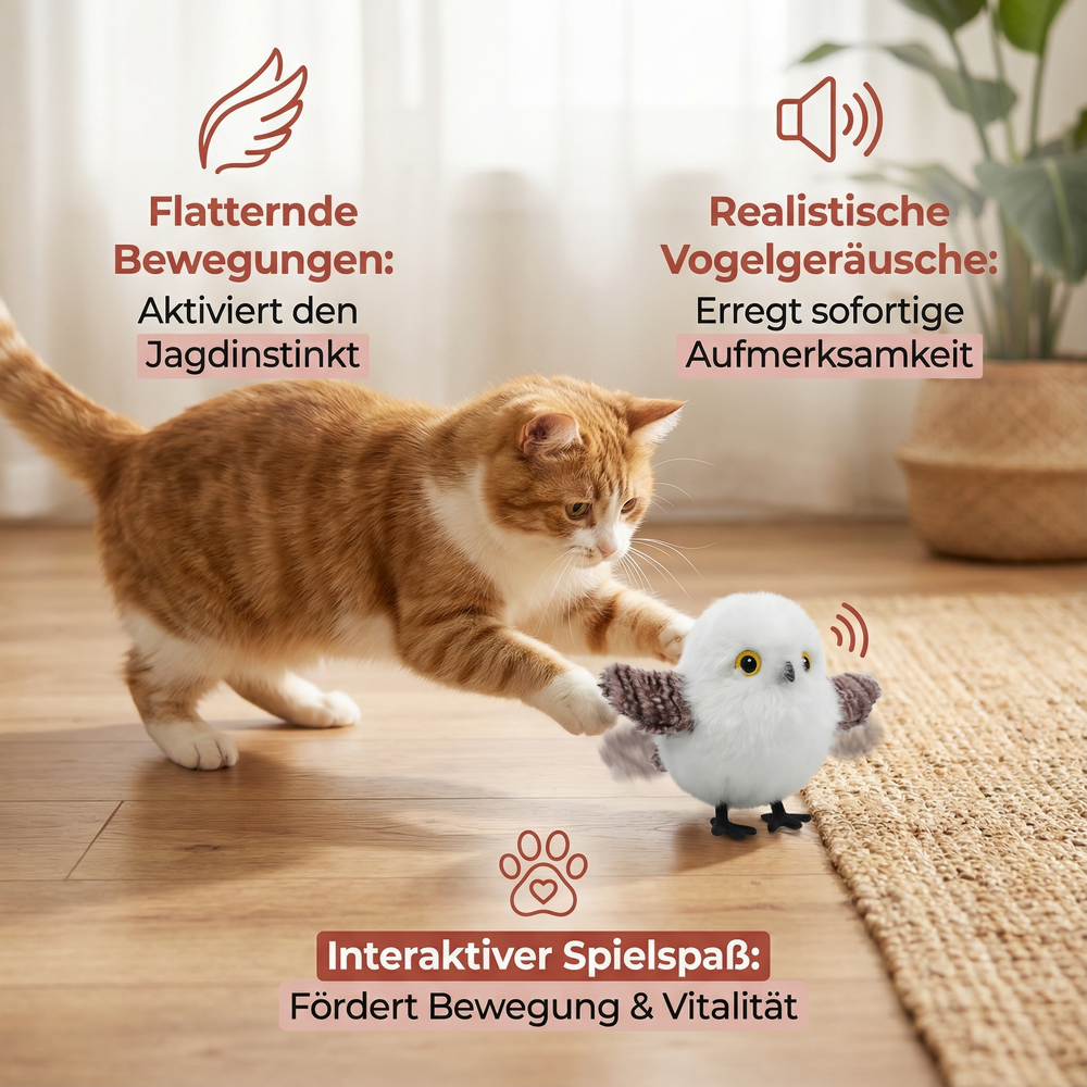 Interaktives Eulen Katzenspielzeug, das mit Zwitscher-Sound den natürlichen Spieltrieb deiner Katze fördert.