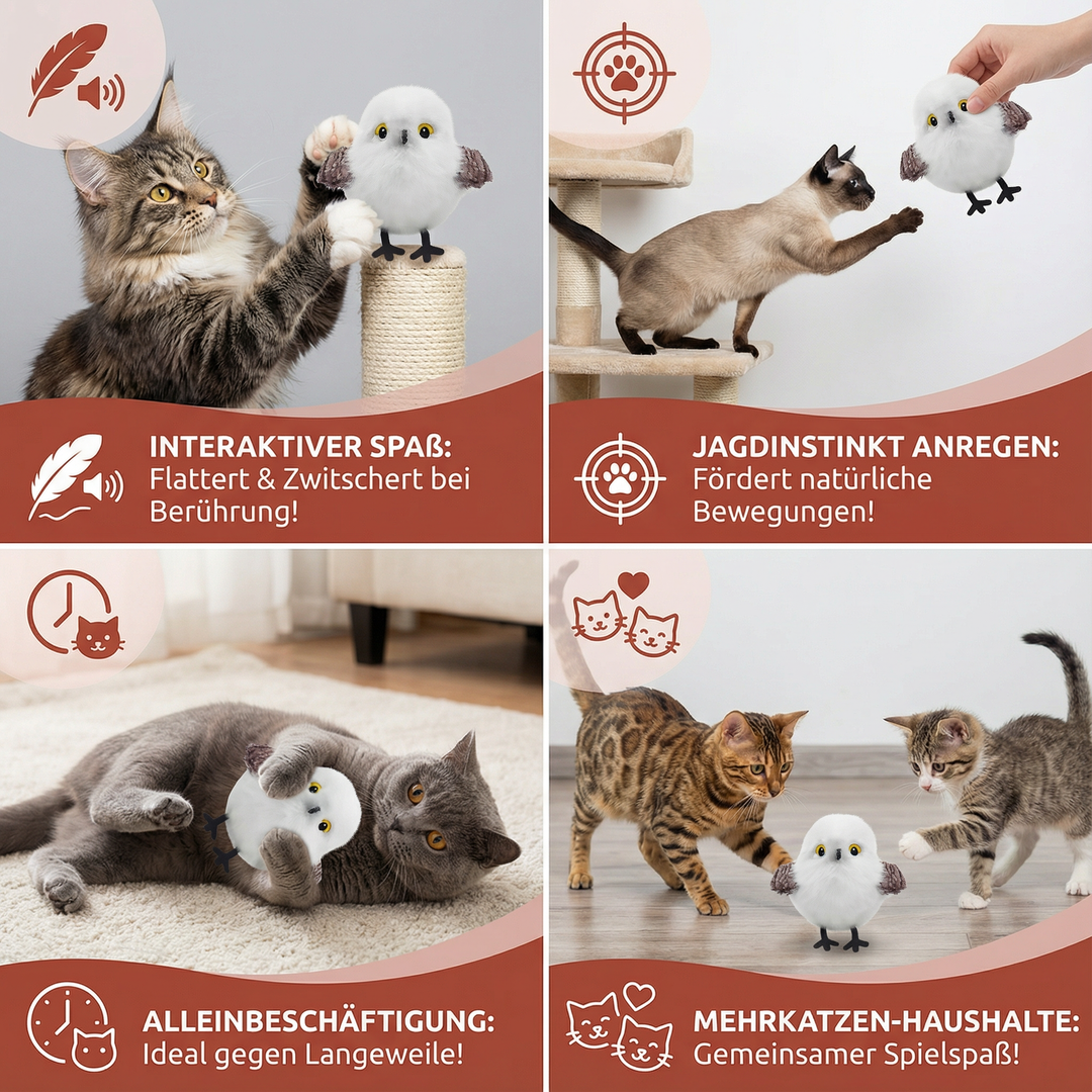 Interaktives Katzenspielzeug mit Vogel-Design und echtem Zwitscher-Sound zur Stimulation des Jagdinstinkts.