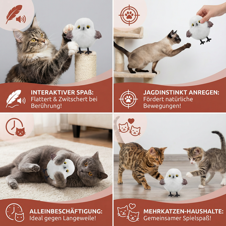 Interaktives Katzenspielzeug mit Vogel-Design und echtem Zwitscher-Sound zur Stimulation des Jagdinstinkts.