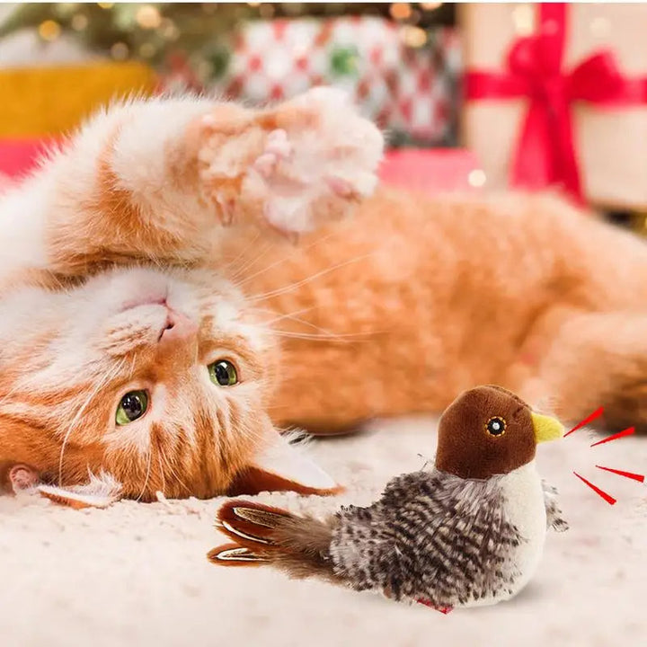 Interaktives Vogel-Katzenspielzeug mit Zwitschergeräusch; weiches Plüschtier fördert Jagdinstinkt der Katze.