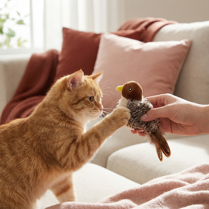Interaktives Zwitscher-Vogelspielzeug für Katzen, fördert Jagdinstinkt und Spieltrieb bei Wohnungskatzen.
