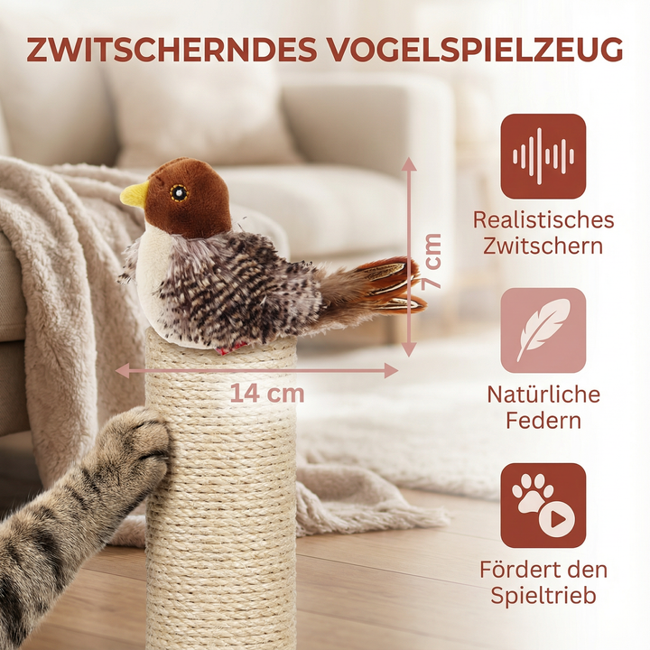 Detailaufnahme des Zwitscher-Vogelspielzeugs für Katzen, das Jagdinstinkt & Bewegung fördert.