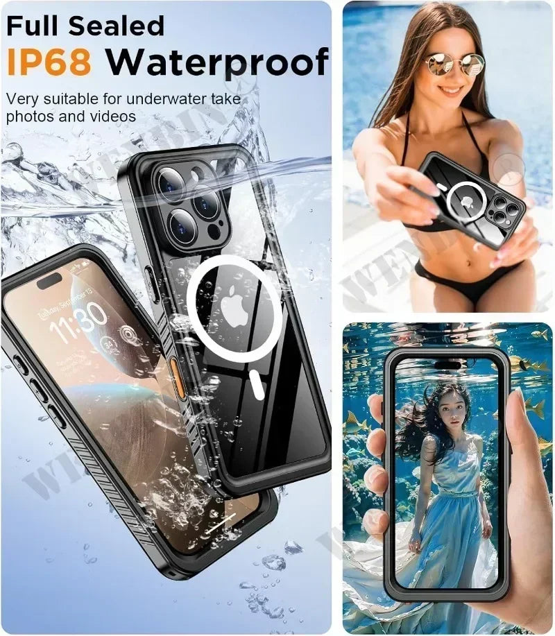 Magnetische iPhone Schutzhülle mit IP68 Wasserdichtigkeit und 360° Vollschutz, perfekt für Outdoor.