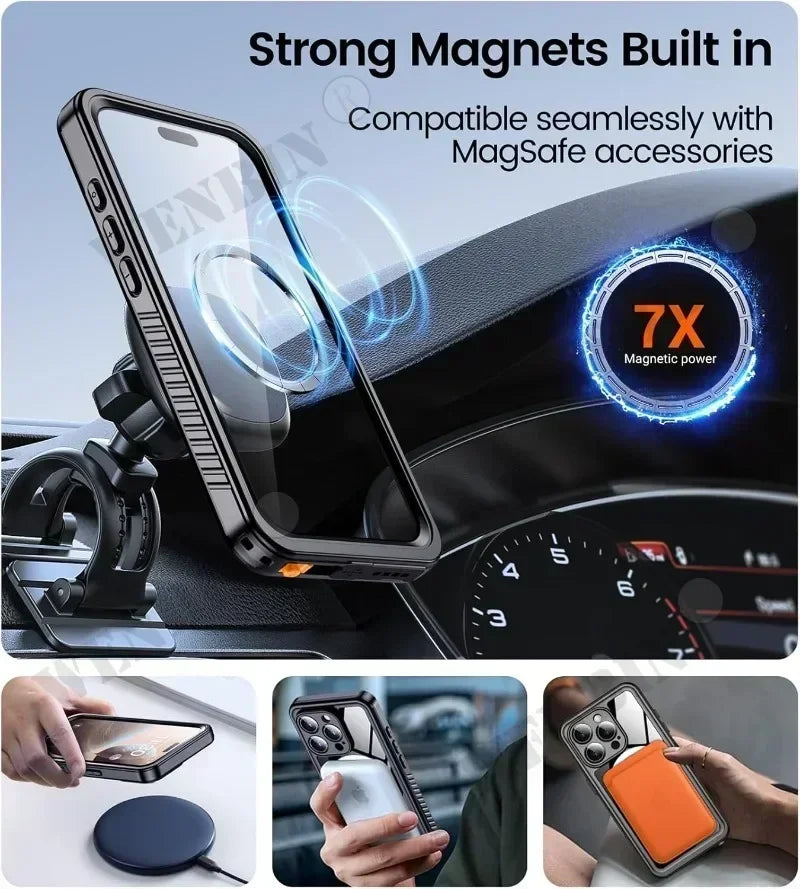 Extrem widerstandsfähige IP68 iPhone Vollschutzhülle, wasserdicht & magnetisch für Outdoor-Sport.