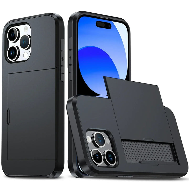 Moderne, schlanke iPhone Handyhülle in Schwarz mit Kartenhalter. Minimalistisches Design, stoßfest.