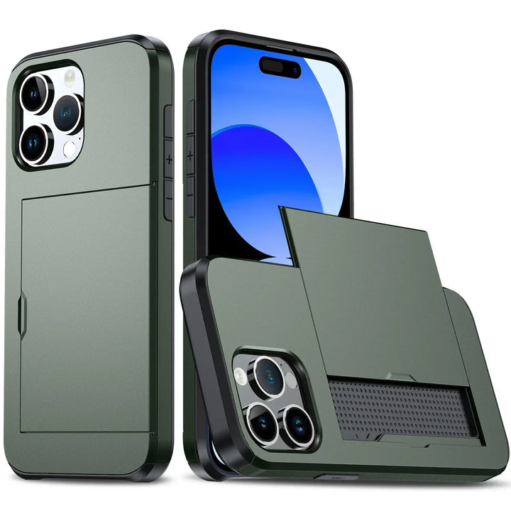 Detailansicht der iPhone Hülle mit Kartenhalter, zeigt hochwertige TPU/Polycarbonat Oberfläche.