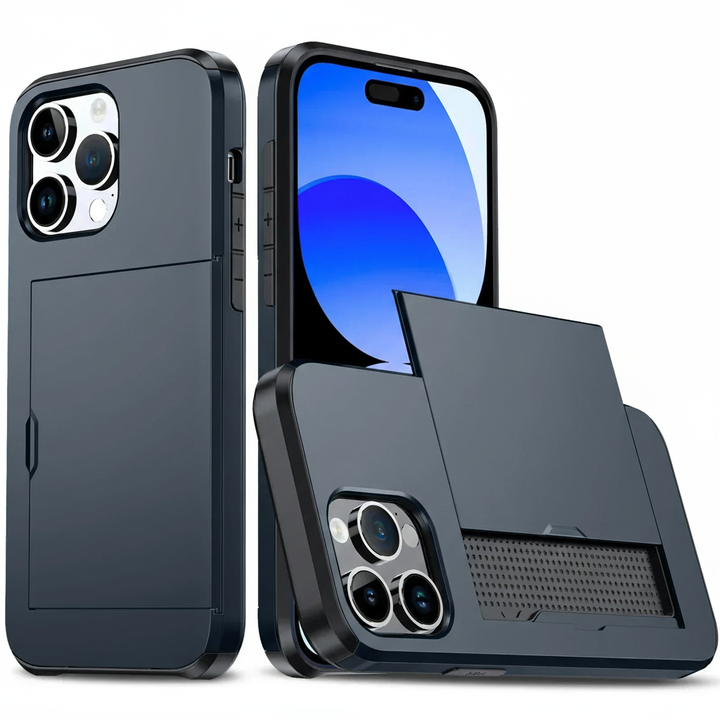 Stoßfeste iPhone Hülle CardaShield. Robuster Schutz für Ihr Smartphone mit integriertem Kartenfach aus TPU/PC.