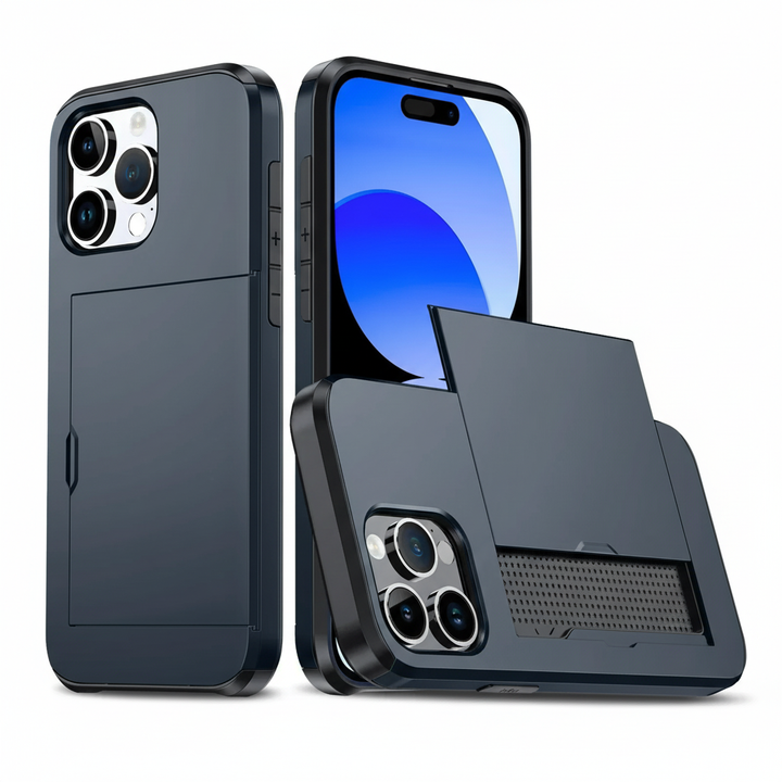 iPhone Hülle CardaShield mit Kartenfach. Stoßfester TPU/PC Schutz, schlank & kabelloses Laden kompatibel.