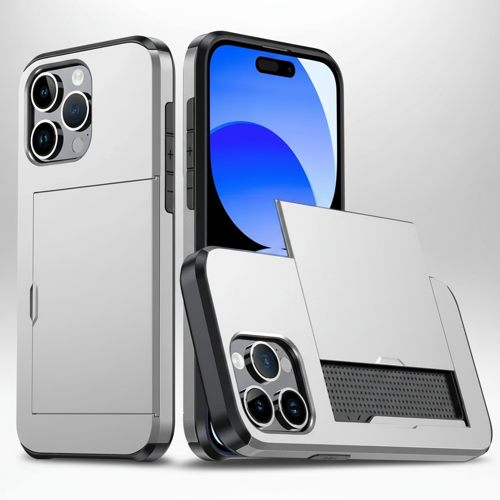 iPhone mit CardaShield Hülle, zeigt die Kartenfachfunktion. Stoßfeste TPU/PC Schutzhülle für Ihr Handy.
