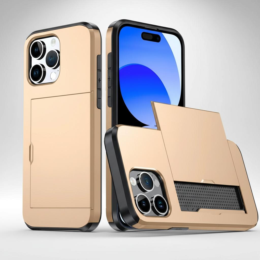 Detailansicht der CardaShield iPhone Handyhülle aus stoßfestem TPU/Polycarbonat, mit Kartenfach.