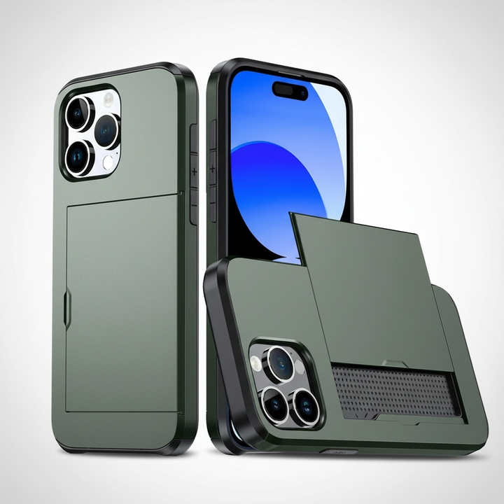 Optimaler iPhone Schutz: CardaShield Hülle mit Kartenfach. Stoßfest, schlank, aus TPU/Polycarbonat für Ihr Smartphone.