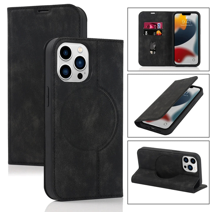 iPhone Wallet Hülle aus PU-Leder mit MagSafe, Kartenfächern & kabellosem Laden für Rundumschutz.