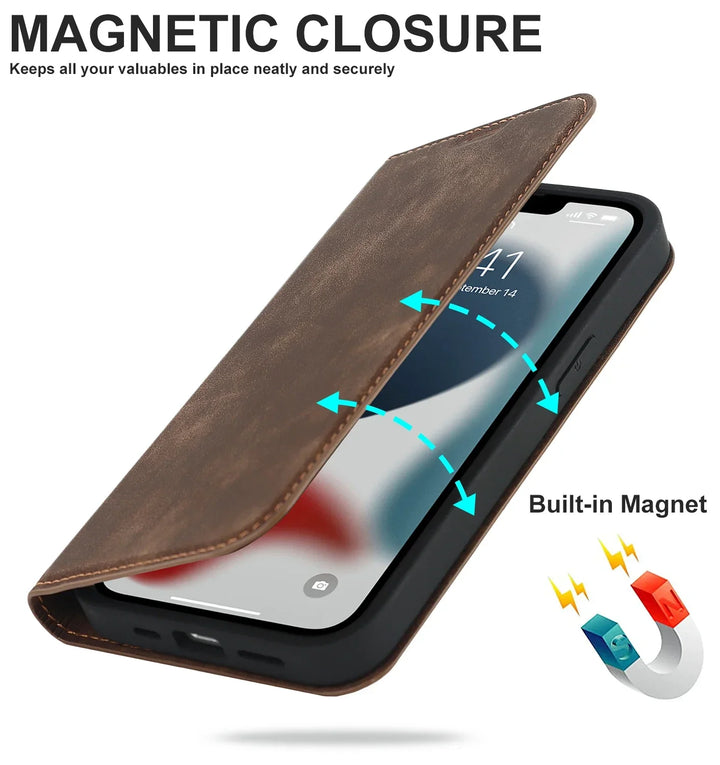 Stoßfeste iPhone Schutzhülle aus PU-Leder mit Wallet-Funktion, MagSafe & optimal für Wireless Charging.