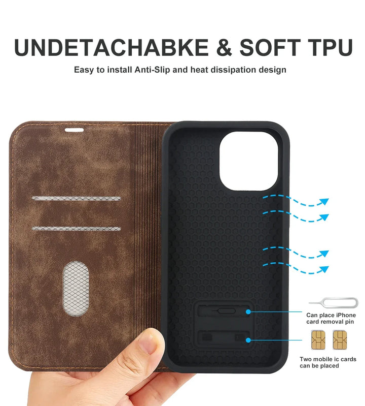 Elegante PU-Leder iPhone Handytasche mit integriertem Wallet, MagSafe & optimiert für kabelloses Laden.