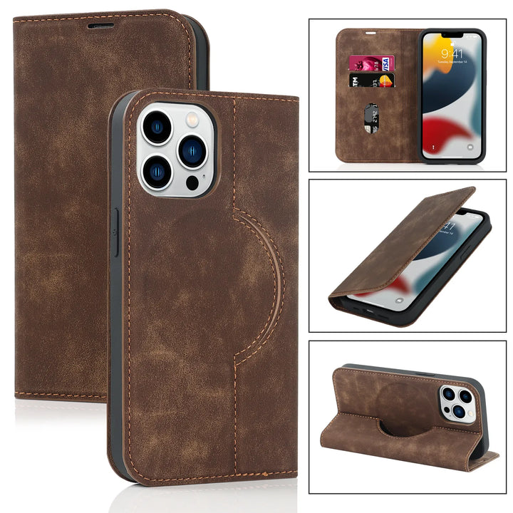 Robuste iPhone Schutzhülle aus PU-Leder bietet Rundumschutz, Wallet-Funktion & MagSafe-Kompatibilität.