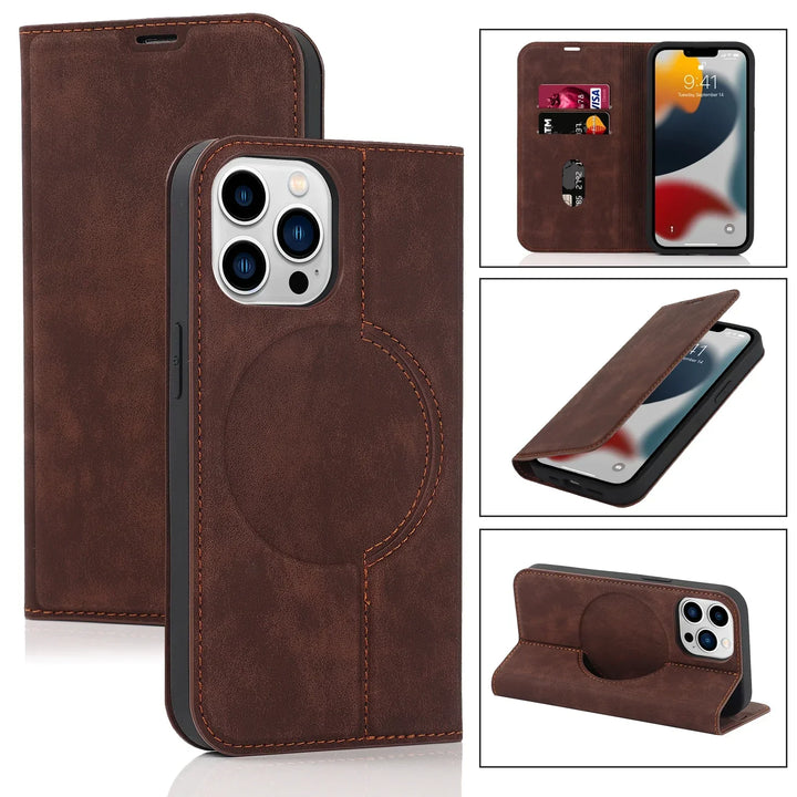 Stilvolle PU-Leder iPhone Wallet Hülle, 2-in-1 Design mit stoßfestem Schutz & MagSafe-Funktion.