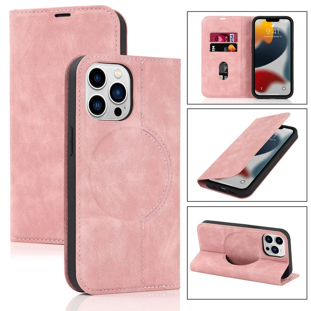 Detailansicht der iPhone Wallet Hülle: PU-Leder, MagSafe, Kartenfächer und Aussparungen für kabelloses Laden.