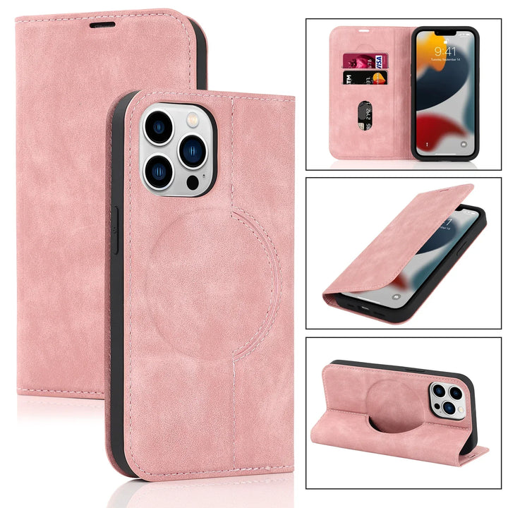 Detailansicht der iPhone Wallet Hülle: PU-Leder, MagSafe, Kartenfächer und Aussparungen für kabelloses Laden.