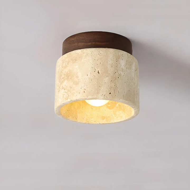 Einzigartige Travertin Wabi Sabi Deckenleuchte mit LED-Beleuchtung. Japanische Designlampe für stilvolle Innenbeleuchtung.