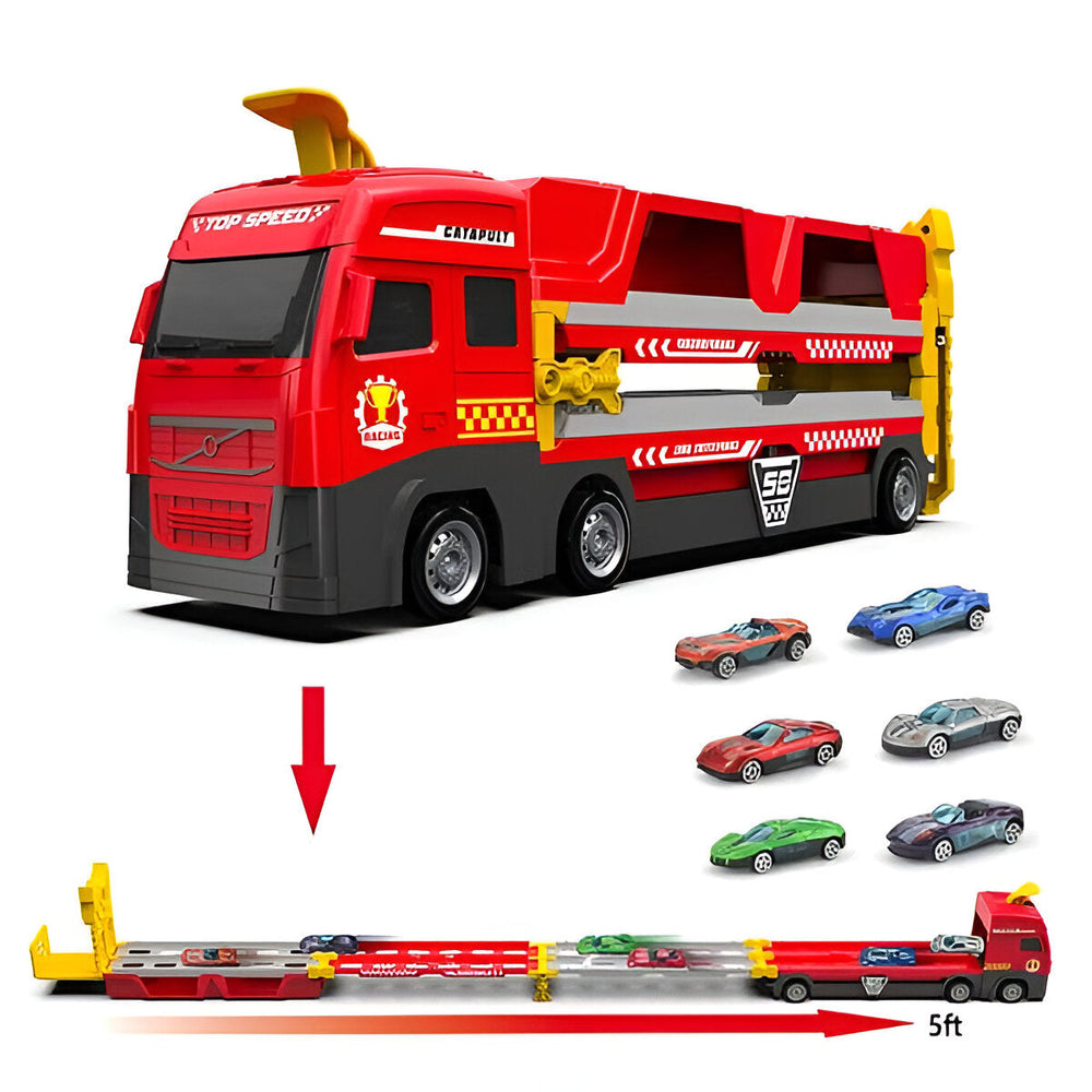 Verwandlungsfähiger Spielzeugtruck, der sich in eine interaktive Rennbahn für kleine Rennwagen verwandelt.