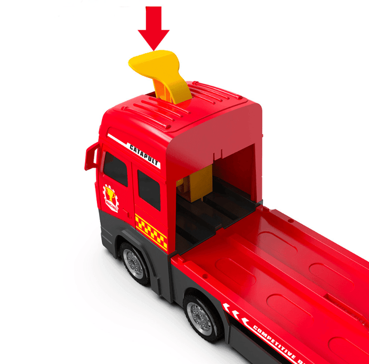 Detailansicht des Jungen Spielzeug Renn-Truck Sets mit flexibler Rennbahn und den enthaltenen Mini-Rennwagen.