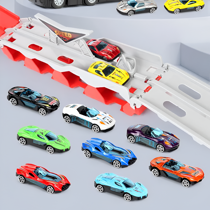 Ideales Jungen Geschenk: Renn-Truck Spielzeug-Set mit verformbarer Rennstrecke, fördert Kreativität und Fahrspaß.