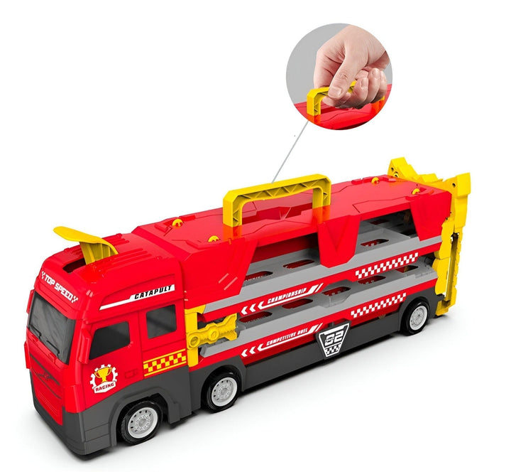 Modulares Rennbahn System: Kinder bauen ihre eigene Rennstrecke aus einem Spielzeug-Truck für endlose Abenteuer.
