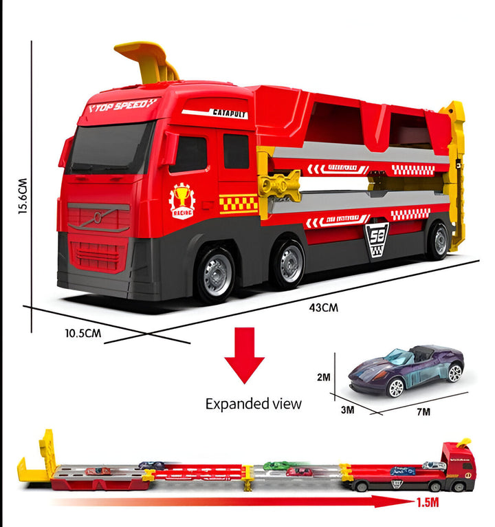 Nahaufnahme des Spielzeug-Renn-Trucks, der sich in ein Segment der interaktiven Rennstrecke verwandelt.