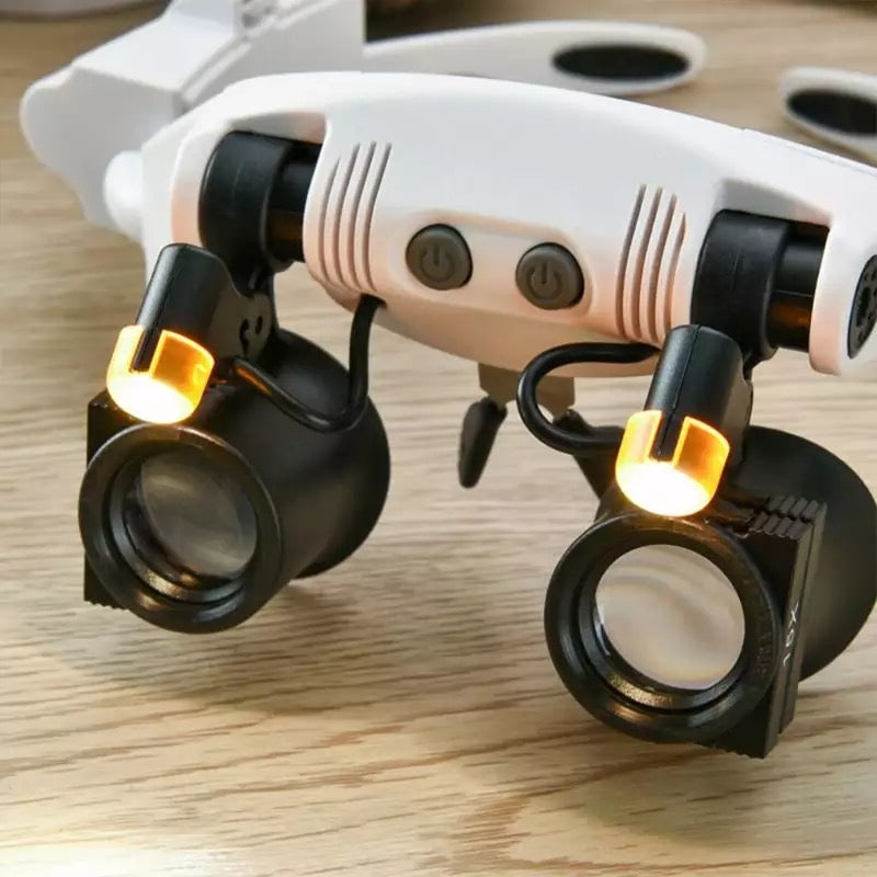 Präzise Kopfbandlupe mit LED, ideal für Uhrmacher, Schmuckreparatur und Elektronik-Feinarbeit.
