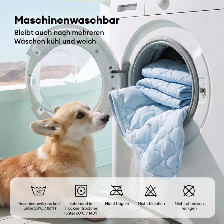 Hund liegt entspannt auf der doppelseitigen Kühlmatte. Perfekt für den Sommer.