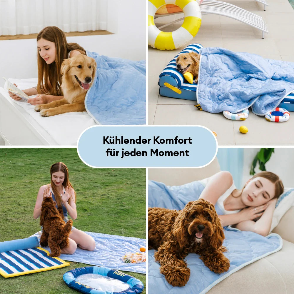 Detailansicht: Kühlende Hundedecke, wendbar mit atmungsaktivem Stoff für Haustierkomfort.