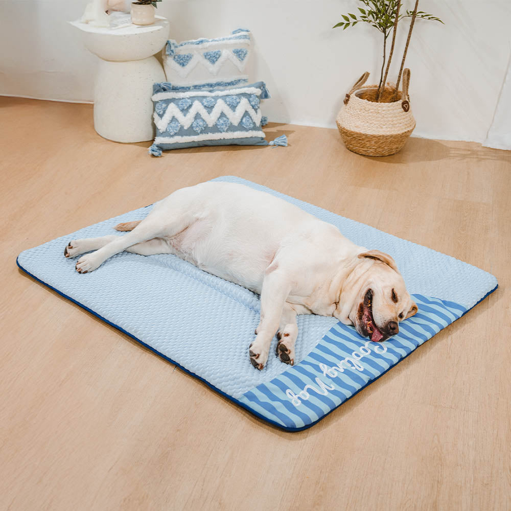 Blaue Kühlmatte für Hunde, waschbar bei 30°C. Robustes Hundezubehör für heiße Tage.