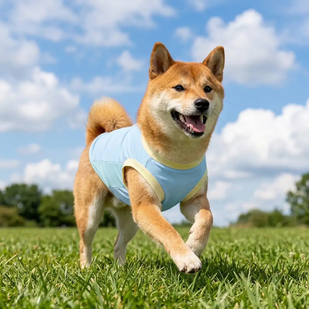 Kühlende Hundeweste mit Sonnenschutz für den Sommer, atmungsaktiv und leichtgewichtig, ideal für Spaziergänge.