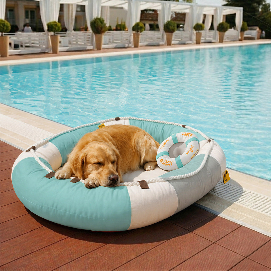 Blaues, kühles Sommer-Hundebett mit Komfort-Kissen, wasserdicht & rutschfest, für Outdoor-Entspannung.