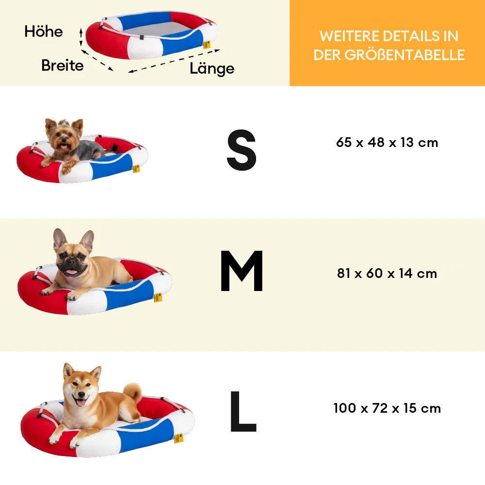 Praktisches Sommer-Hundebett. Bootsform, wasserdicht und bietet angenehme Kühlung.