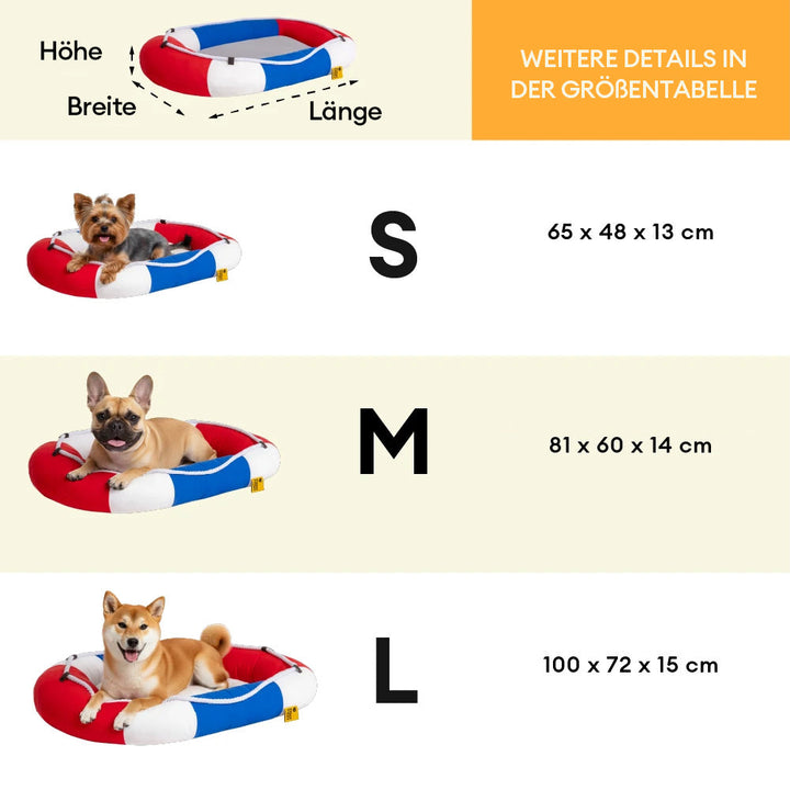 Praktisches Sommer-Hundebett. Bootsform, wasserdicht und bietet angenehme Kühlung.