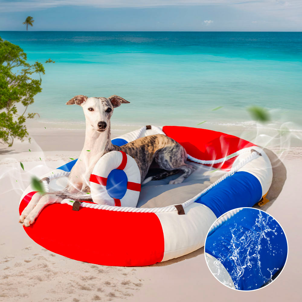 Bootsförmiges Kühlbett für Hunde. Wasserdichtes Sommerbett für Entspannung im Garten oder auf Reisen.