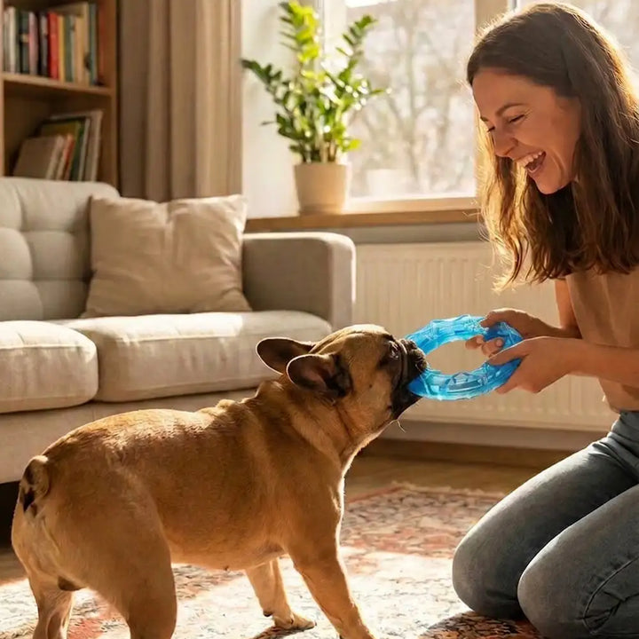 Hund spielt mit blauem Kühlspielzeug, das beim Kauen die Zähne reinigt & im Sommer Erfrischung bietet.
