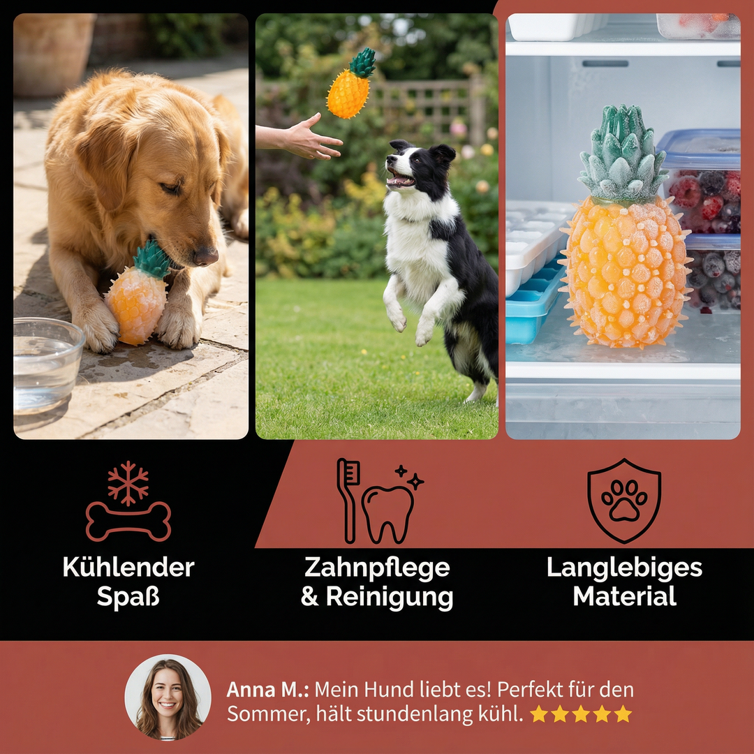 Kühlendes Hundespielzeug zum Kauen in Fruchtform. Perfekt für Sommer, Erfrischung und gesunde Zähne.