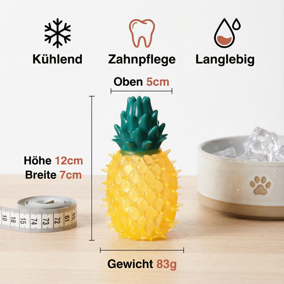 Interaktives Kühlspielzeug für Hunde in Fruchtform. Fördert Zahnpflege und bietet Erfrischung im Sommer.