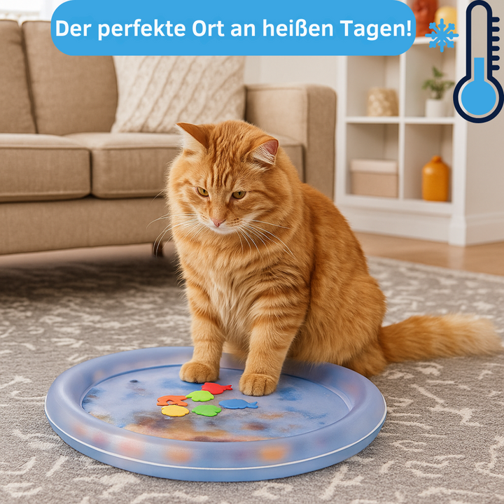 Katzenliege mit kühlender Wassermatte, perfekt für heiße Sommertage. Bietet Komfort & Erfrischung.