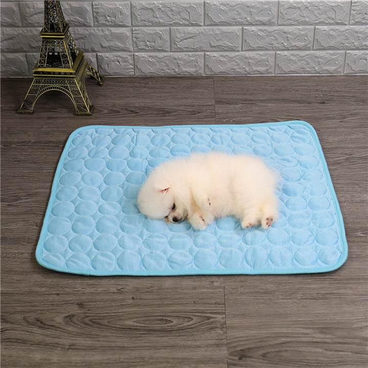 Tierkühlmatte im Wohnzimmer, entspannter Hund liegt auf der kühlenden Unterlage. Optimal für den Sommer.